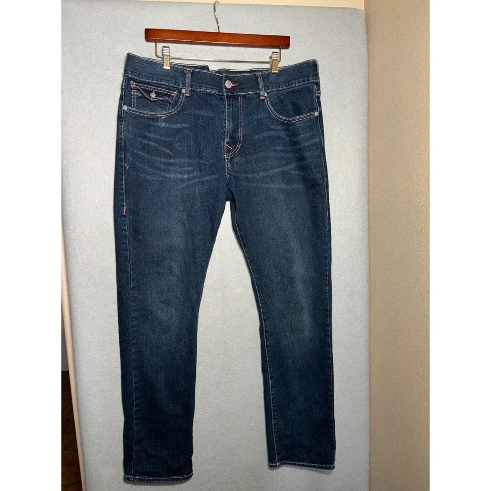 NWOT True Religion Mens 36 Geno Relaxed Slim Jeans Dark Wash Orange Stitch Y2K